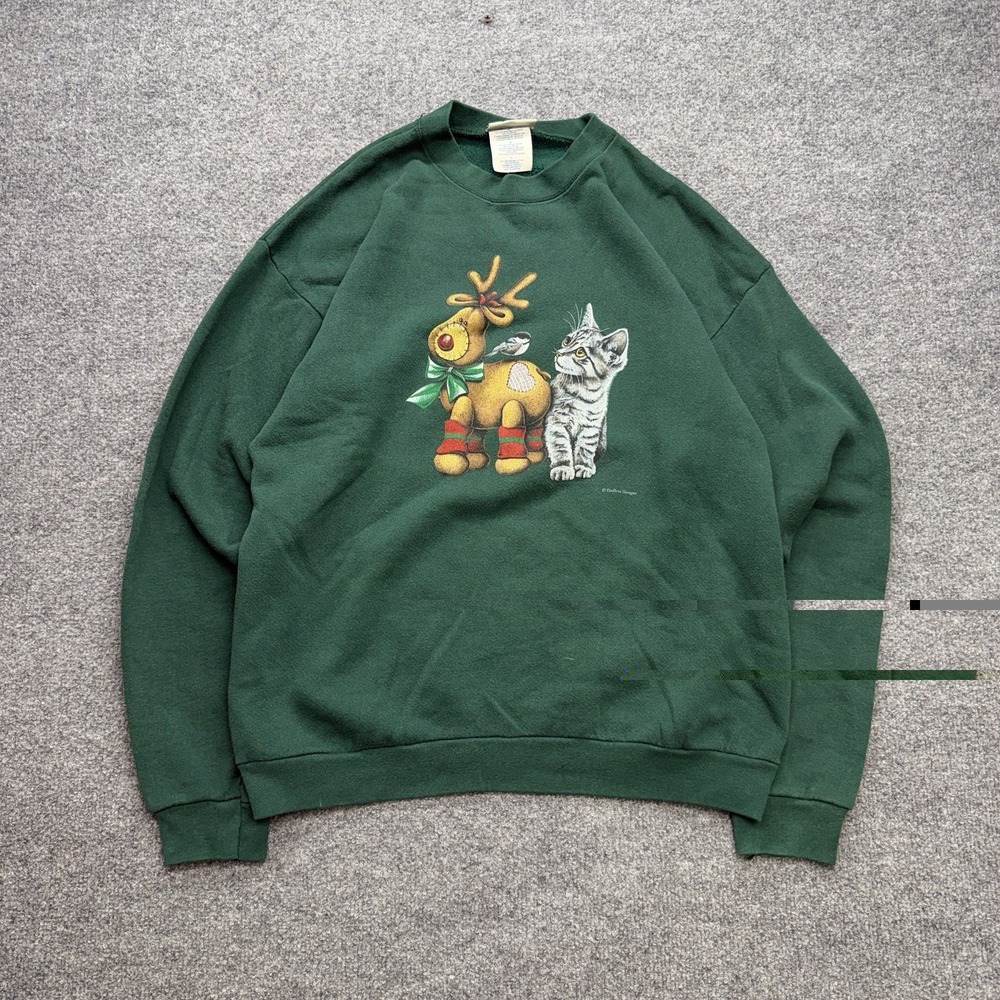 Endless Designs Christmas Crewneck Reindeer And‎ Kitten Size Large Green/Red Vtg